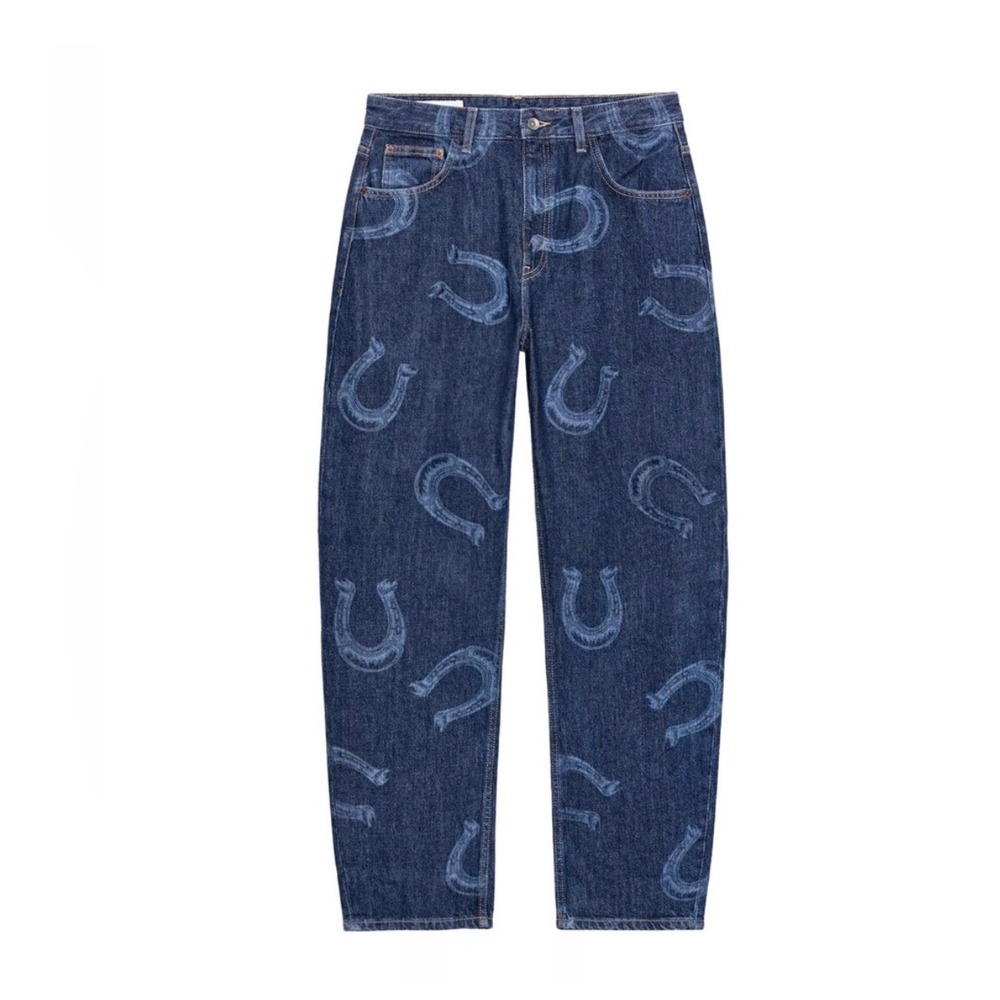 Zara New Barrel High Rise Horseshoe Print Jeans Indigo Blue Denim Womens Size 2